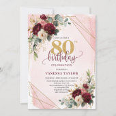 Invitation Boho intemporel Bourgogne Gold Roses 80e anniversa (Devant)
