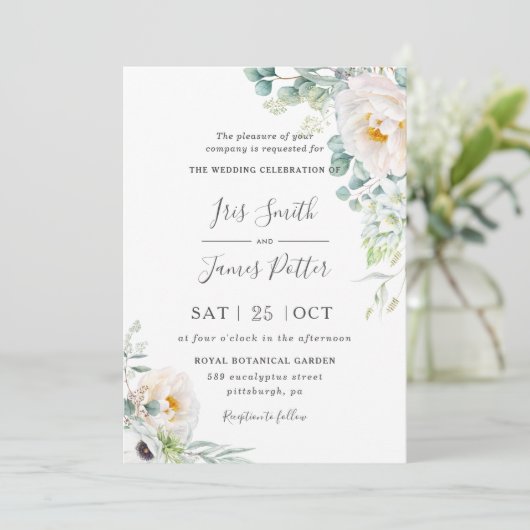 Invitation Boho Ivory Peony Rose Floral Greenery Mariage (Debout devant)