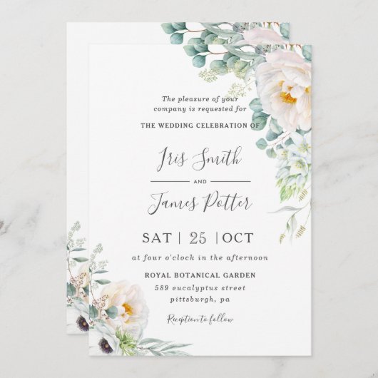 Invitation Boho Ivory Peony Rose Floral Greenery Mariage (Devant / Derrière)