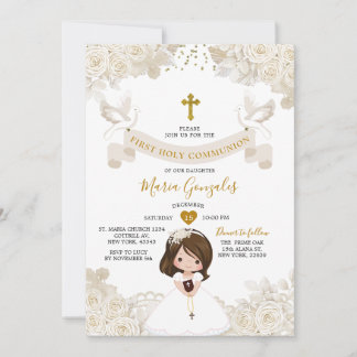 Invitation Boho Ivory White Floral Girl First Holy Communion