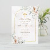 Invitation Boho Ivory White Floral Gold First Holy Communion (Debout devant)