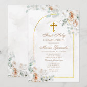 Invitation Boho Ivory White Floral Gold First Holy Communion (Devant / Derrière)