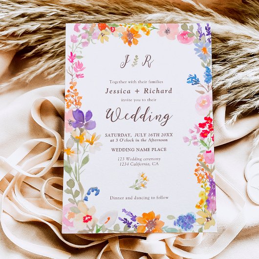 Invitation Boho jardin été floral photo initiales mariage