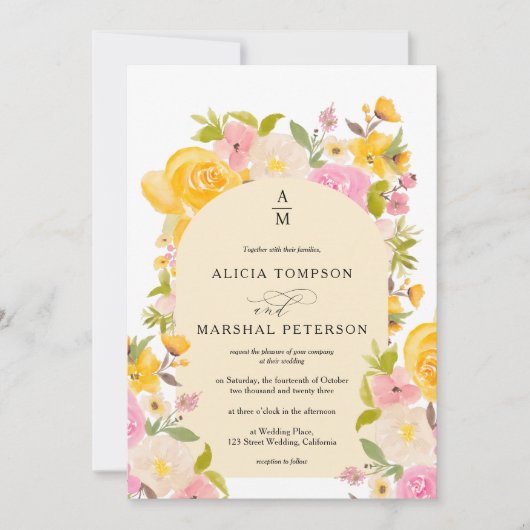 Invitation Boho Jaune arc rose floral chic mariage (Devant)