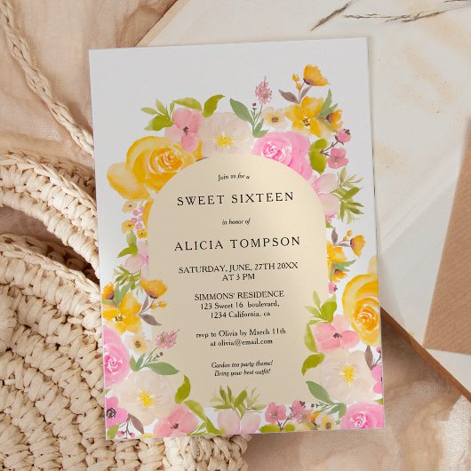 Invitation Boho Jaune arche florale rose chic Sweet 16