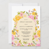 Invitation Boho Jaune arche florale rose chic Sweet 16 (Devant)
