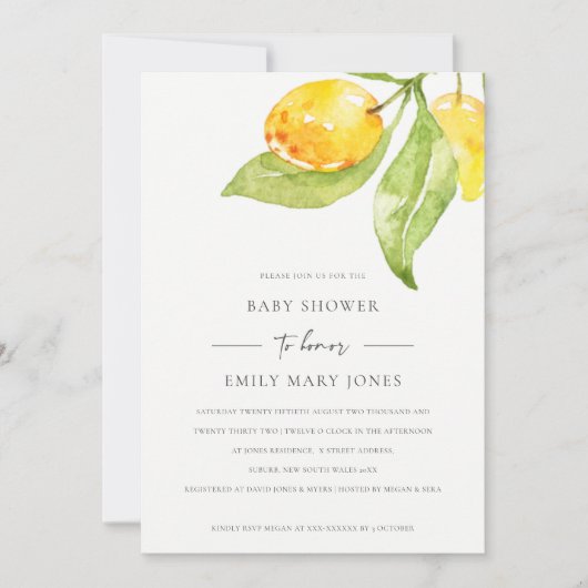 INVITATION BOHO JAUNE COULEUR D'EAU FOLIAGE BABY SHOWER OLIVE (Devant)