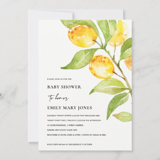 INVITATION BOHO JAUNE COULEUR D'EAU FOLIAGE BABY SHOWER OLIVE (Devant)