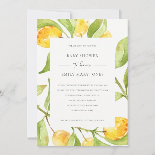 INVITATION BOHO JAUNE COULEUR D'EAU FOLIAGE BABY SHOWER OLIVE (Devant)