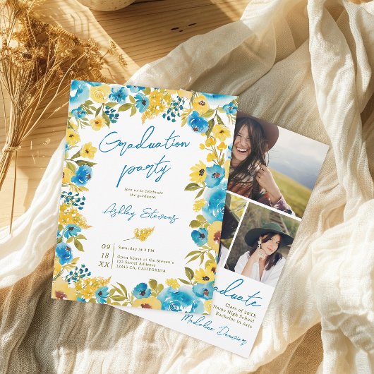 Invitation Boho Jaune et Flore Bleue 3 Diplôme photo