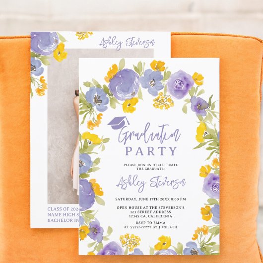 Invitation Boho jaune violet jardin fleuri graduation