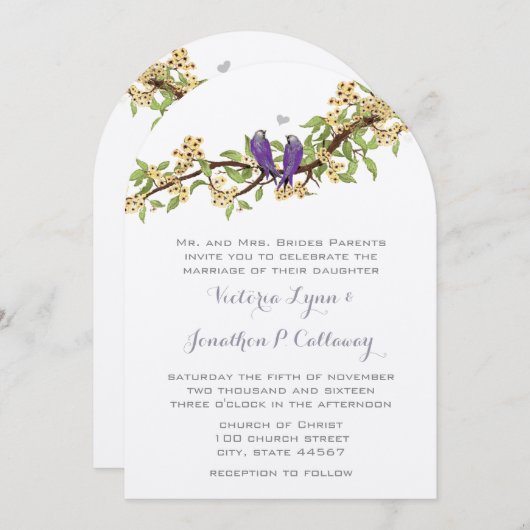 Invitation Boho Jaune violet Mariage de forme arc ornithologi (Devant / Derrière)
