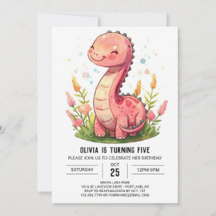 Invitation Boho Joyeux Dinosaure Rose fille Anniversaire