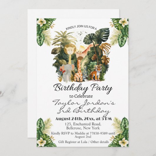 Invitation Boho Jungle Animaux fête d'anniversaire (Devant / Derrière)