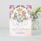 Invitation Boho Jungle Animaux Wild One Girl 1er anniversaire (Debout devant)