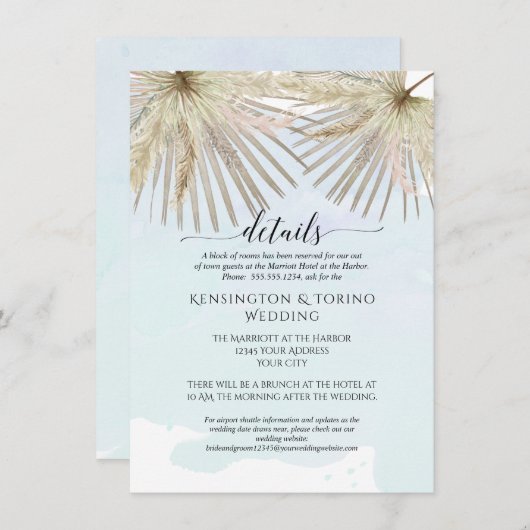 Invitation Boho Jungle de Palmiers Feuillage Détails Bleu Bor (Devant / Derrière)