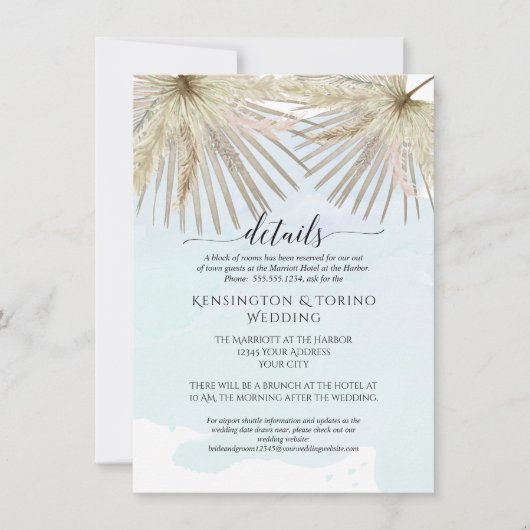 Invitation Boho Jungle de Palmiers Feuillage Détails Bleu Bor (Devant)