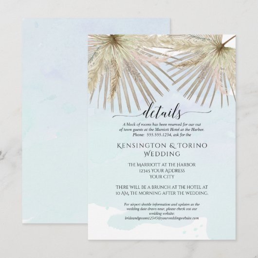 Invitation Boho Jungle de Palmiers Feuillage Détails Bleus Bo (Devant / Derrière)