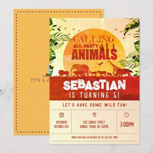 Invitation Boho Jungle Safari Animaux sauvages Anniversaire d (Devant / Derrière)