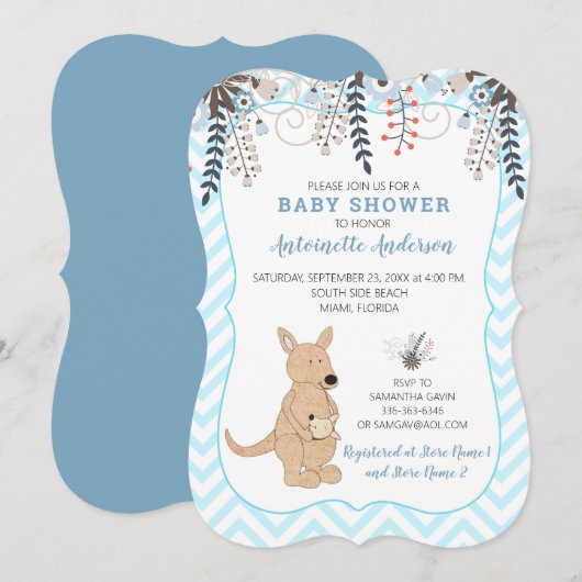 Invitation Boho Kangaroo Aquarelle Floral Boy Baby shower (Devant / Derrière)