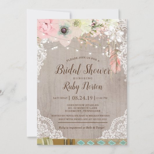 Invitation Boho Lace Lights et Fête de l'mariée en plumes tri (Devant)