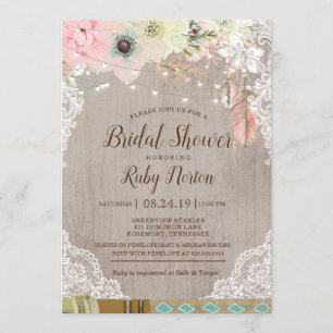 Invitation Boho Lace Lights et Fête de l'mariée en plumes tri