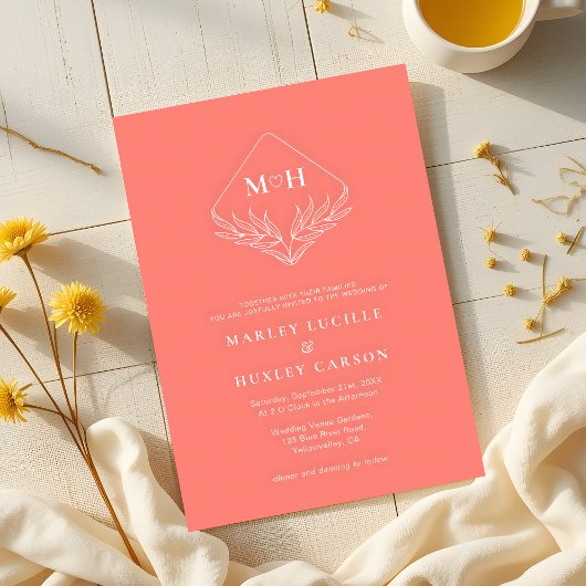 Invitation Boho Leaf Monogram Coral Rose Mariage