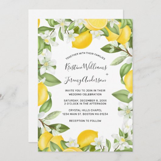 Invitation Boho Lemons Aquarelle Blanc Floral Mariage (Devant / Derrière)