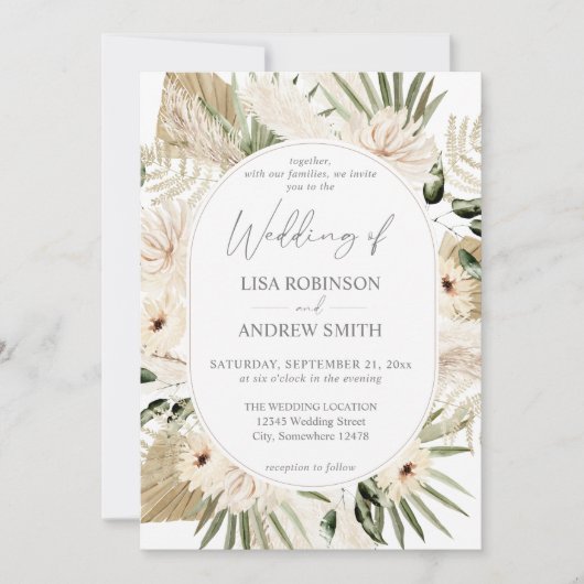 Invitation Boho LG Texte Pampas Grass & Beige 2 Floral Mariag (Devant)