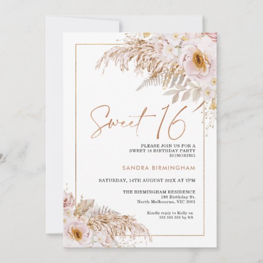 Invitation Boho Light Blush Floral Pampas Grass 16e anniversa (Devant)