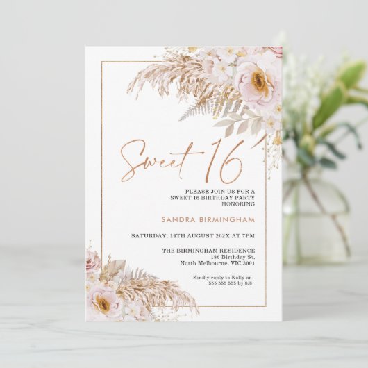 Invitation Boho Light Blush Floral Pampas Grass 16e anniversa (Debout devant)