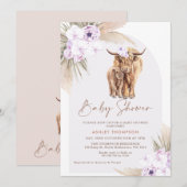 Invitation Boho Lilac Arc Floral Highland Vache Baby shower (Devant / Derrière)