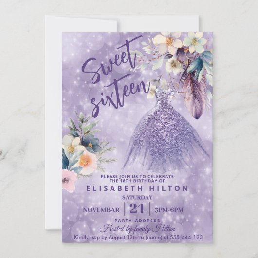 Invitation Boho Lilac fleur sauvage Parties scintillant robe  (Devant)