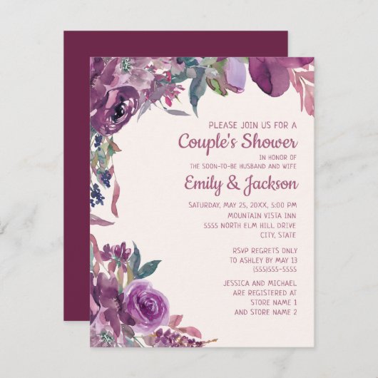 Invitation Boho Lilac Plum violet Mariage de couple floral (Devant / Derrière)