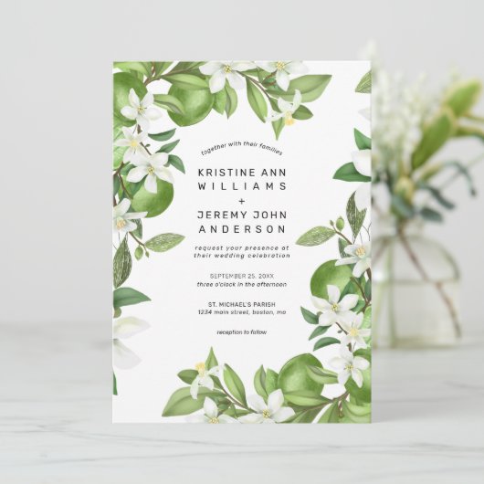 Invitation Boho Lime Blanc Floral Aquarelle Mariage (Debout devant)