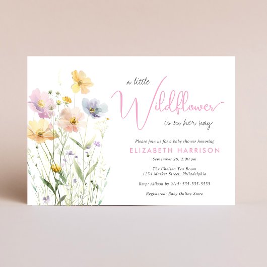Invitation Boho Little Fleur sauvage Aquarelle bébé fille dou