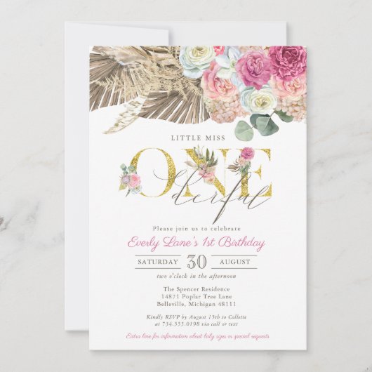Invitation Boho Little Miss ONE derful Floral 1er Anniversair (Devant)
