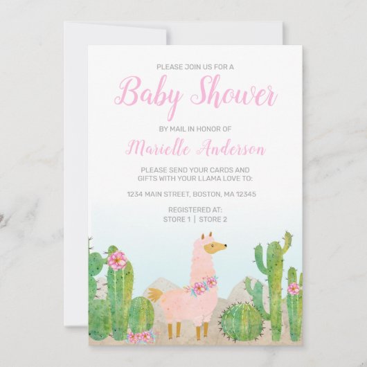 Invitation Boho Llama Baby shower d'aquarelle rose par courri (Devant)