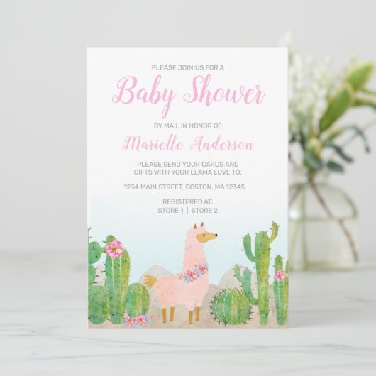 Invitation Boho Llama Baby shower d'aquarelle rose par courri (Debout devant)