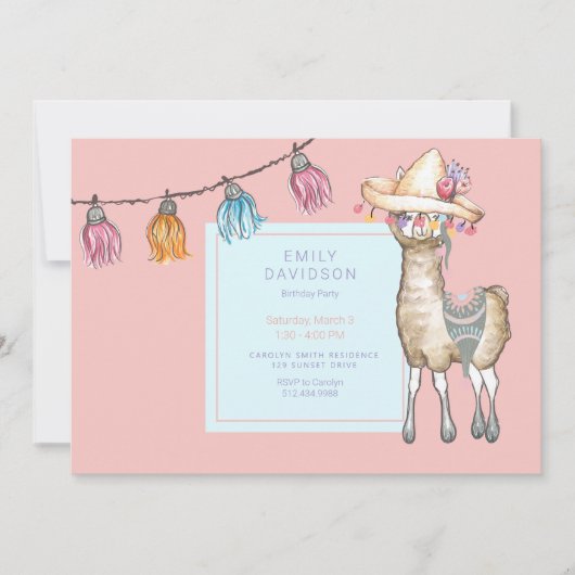 Invitation Boho Llama Fille fête d'anniversaire (Devant)