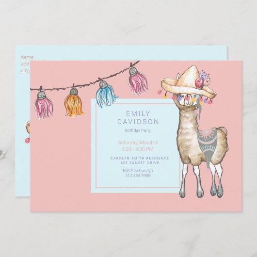 Invitation Boho Llama Fille fête d'anniversaire (Devant / Derrière)
