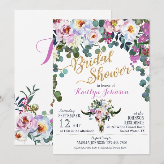 Invitation Boho Longhorn Crâne de vache Fête des mariées flor (Devant / Derrière)