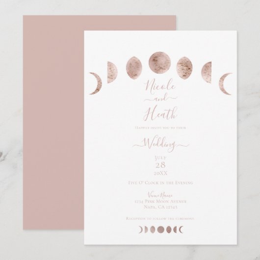 Invitation Boho Lune Rose Phases Moderne Mariage Minimaliste (Devant / Derrière)