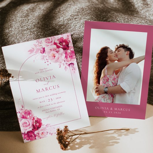 Invitation Boho Magenta Hot Pink Arch Floral Élégant Mariage