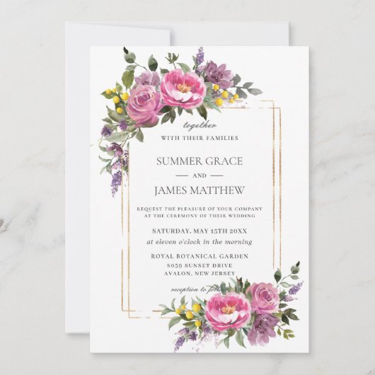 Invitation Boho Magenta rose violet jaune Mariage de verdure (Devant)