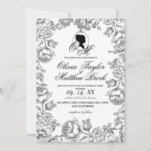 Invitation Boho Mariage blanc et noir Script Mariage de châte (Devant)