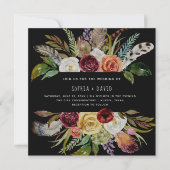 Invitation Boho Mariage Bourgogne et fleurs orange sur noir (Devant)