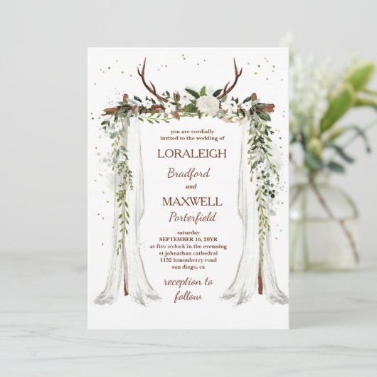 Invitation Boho Mariage Canopée Aquarelle Verdure Floral (Debout devant)