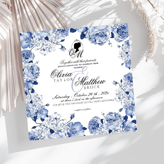Invitation Boho Mariage Jardin Fleurs Rose Bleu Élégant