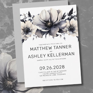 Invitation Boho Mariage Moderne Floral Noir et Blanc